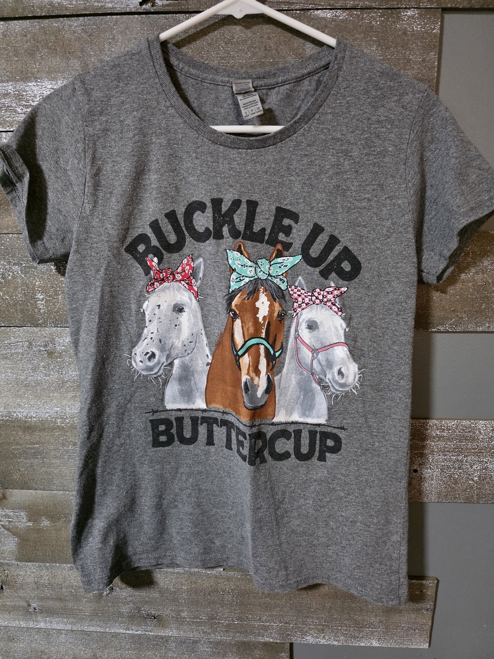 Gildan Gray 'Buckle Up Buttercup' Horse Graphic Tee with Pink & Teal Accents